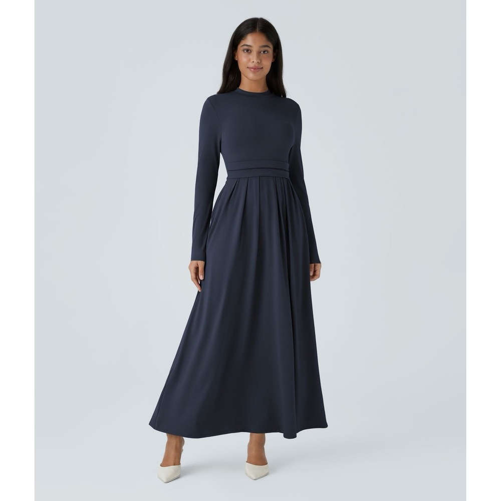 HALARA Navy Blue Mock Neck Long Sleeve Pocket Flare Maxi‎ Casual Dress Knit XS